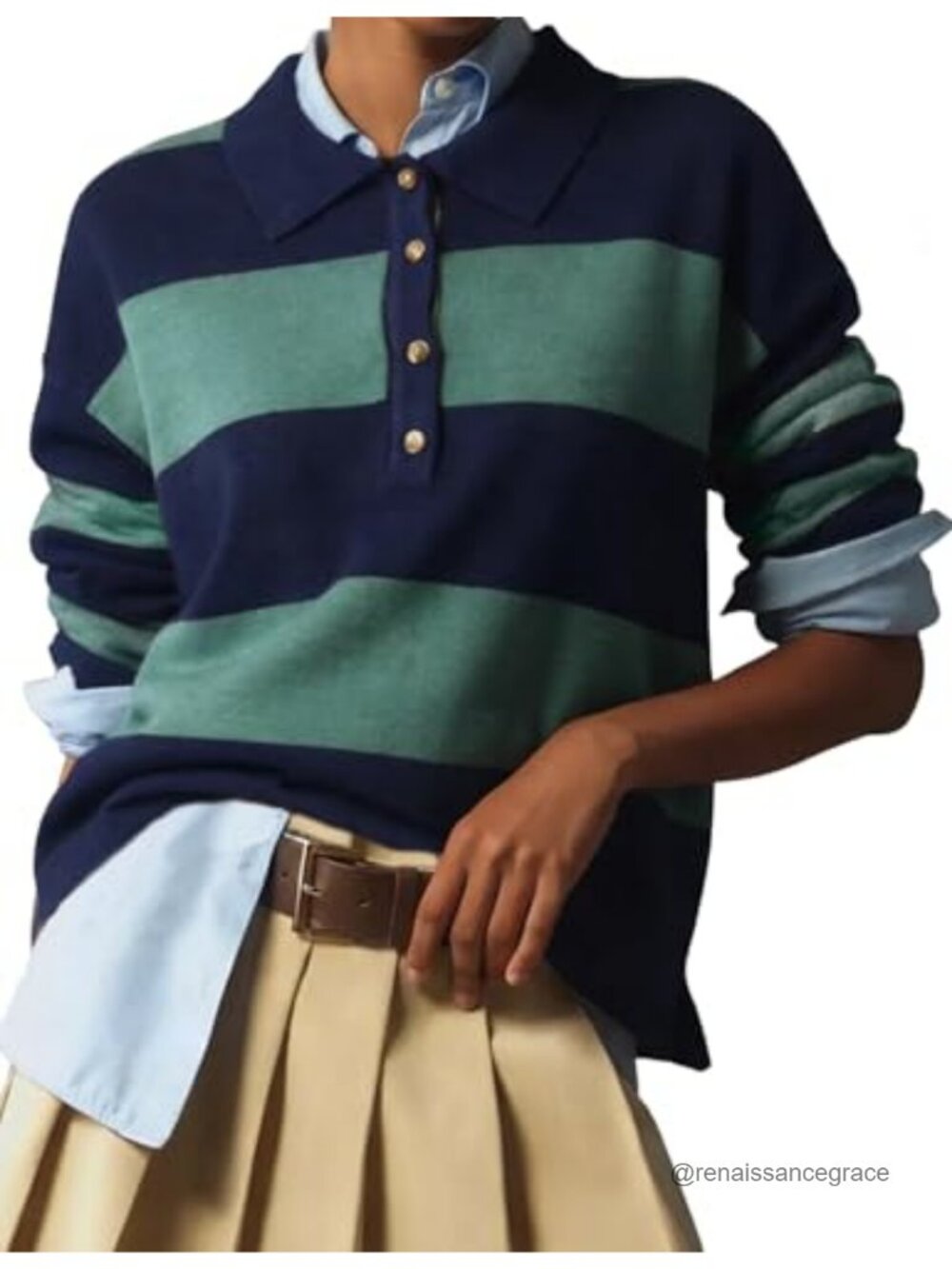Women's Rugby Polo Sweater Striped Collared V-Neck Pullover